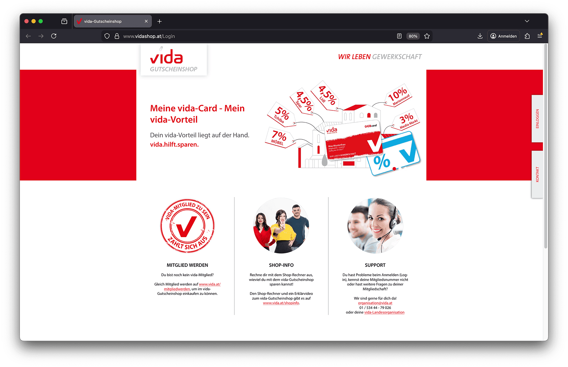 Screenshot vom vida Gutscheinshop
